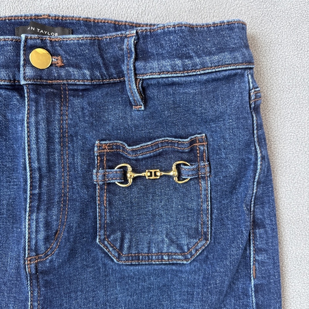 Ann Taylor Flare Jeans High Rise‎ Patch Pocket Horsebit Stretch Size 10 Blue